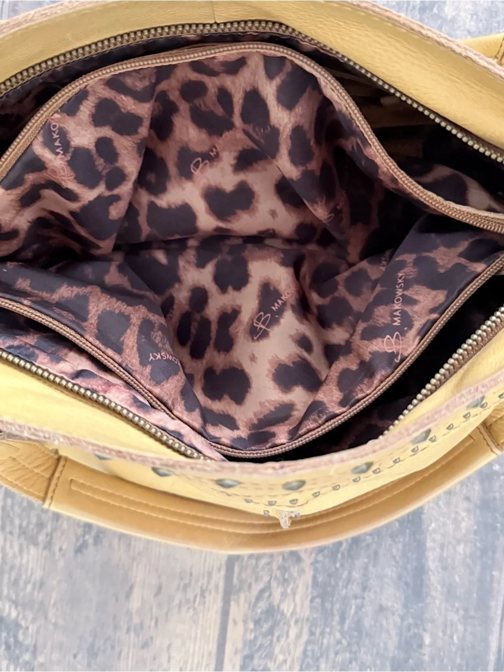 B. Makowsky Butter Yellow Stud-Accent Leather Boho Hand Bag